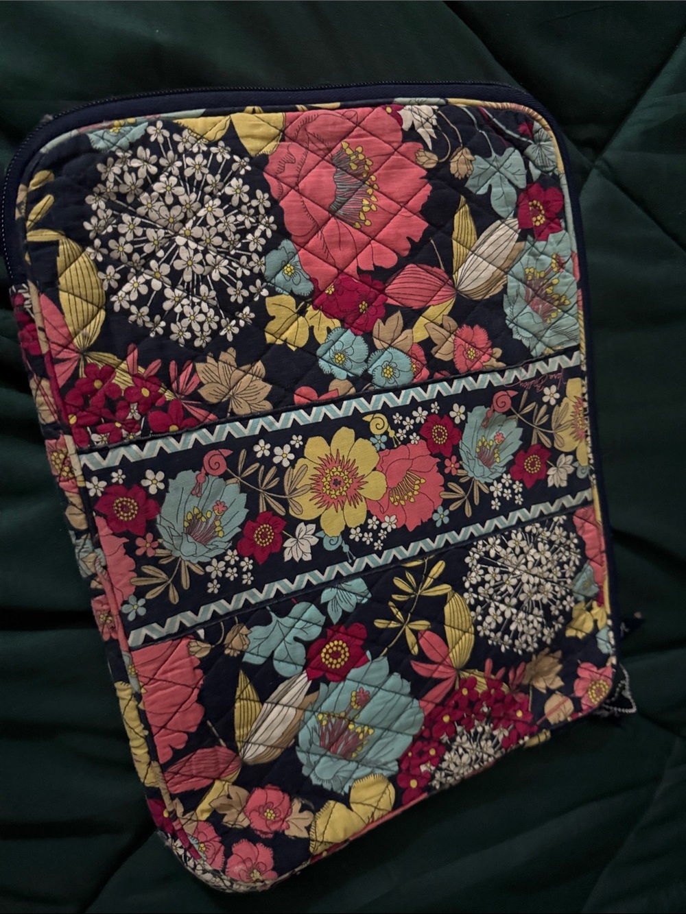 Vera Bradley Navy Floral Quilted Laptop Sleeve with Pink & Yellow Accents - Picture 2 of 3
